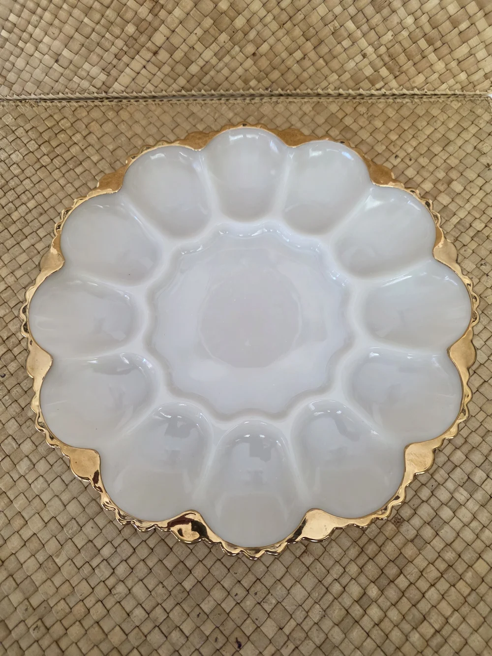 Anchor Hocking White Milk Glass Deviled Egg Platter with Gold Trim